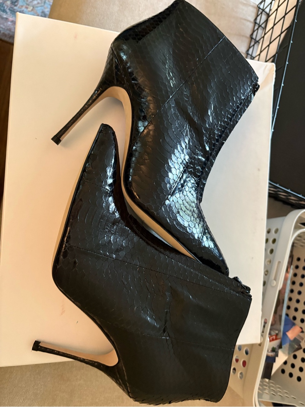 Manolo Blahnik Black Snake-Embossed Stiletto Ankle Boots